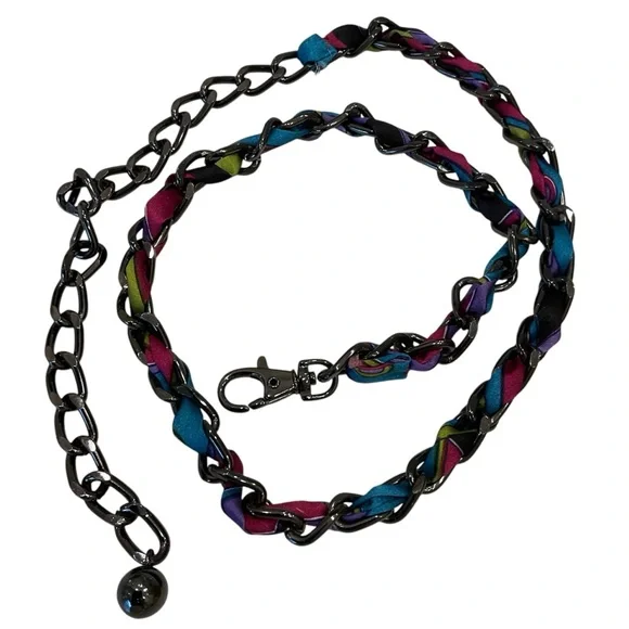 Heavy chain belt with colorful pucci style fabric intertwined, silver, black