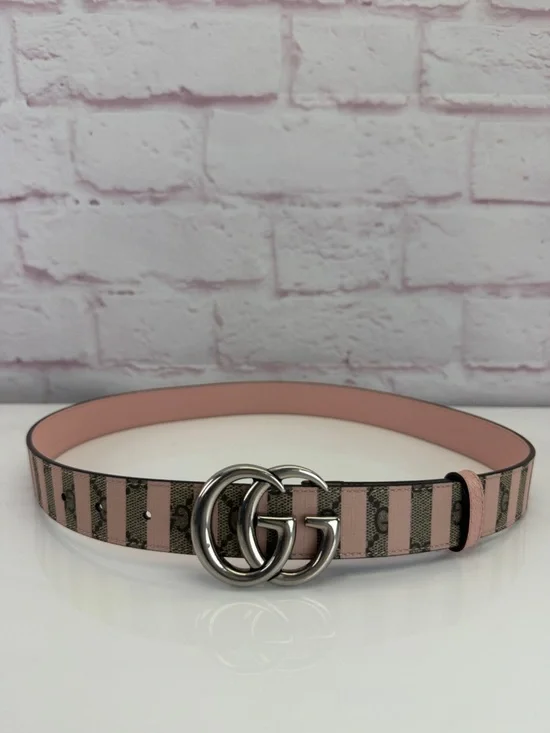 Gucci Pink Striped GG Logo Buckle Belt Marmont 625839 85/34