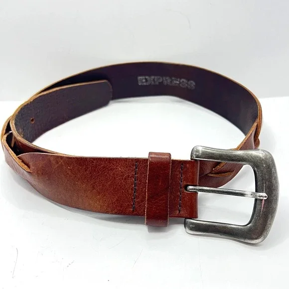 Express Brown Italian Leather‎ Braided Belt Made in England Size S Cognac Silver