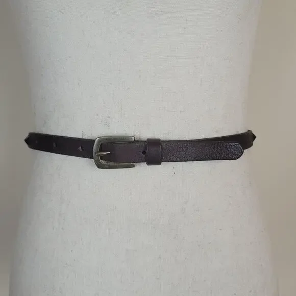 Brown Leather Belt Womens Medium Skinny Studded Brass Buckle Rock Goth Punk