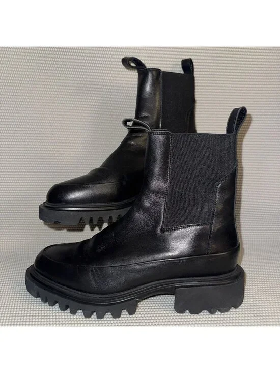 All Saints Harlee Chelsea Black Leather Lug Sole Chunky Pull On Moto Boots 9.5