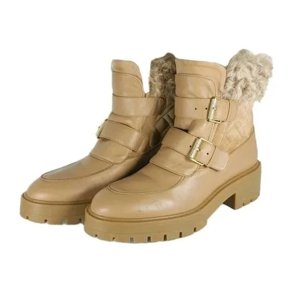 Aquazzura Women's Ryan US8,5 EU39 Bisque Leather Suede Lug Sole Shearling boots