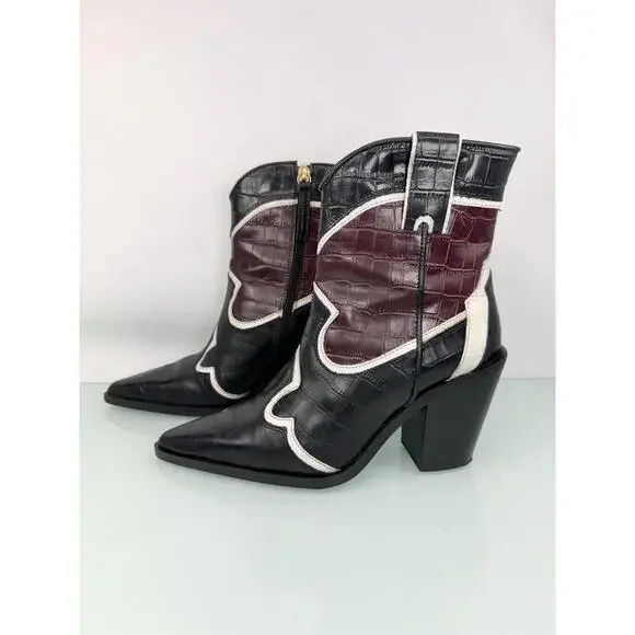Zara Croc Embossed Western Ankle Boots Black Re Leather Pointed Toe EU 36 US 6