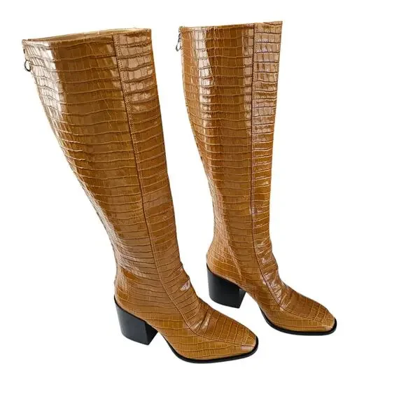 Aeyde Charlie Croc Embossed Knee High Heel Boot Size 36 US 6 Brown Leather Zip