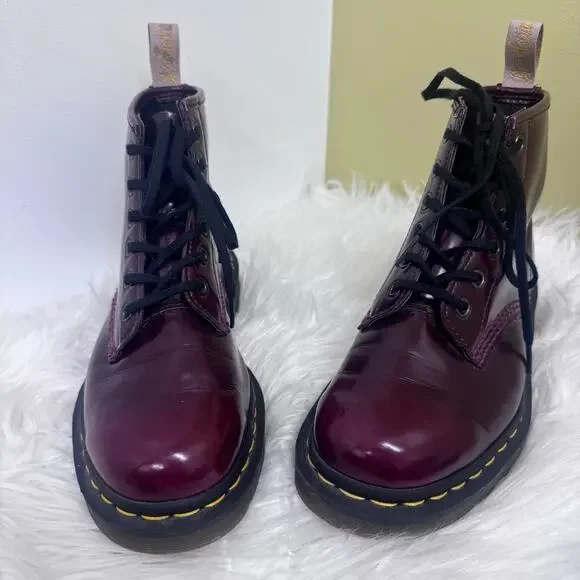 Dr Martens Ankle Boots 101 Vegan Cherry Red Shiny Chunky Combat 6 Men / 7 Women