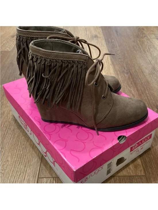 Fringe Lace-Up Wedge Ankle Boots