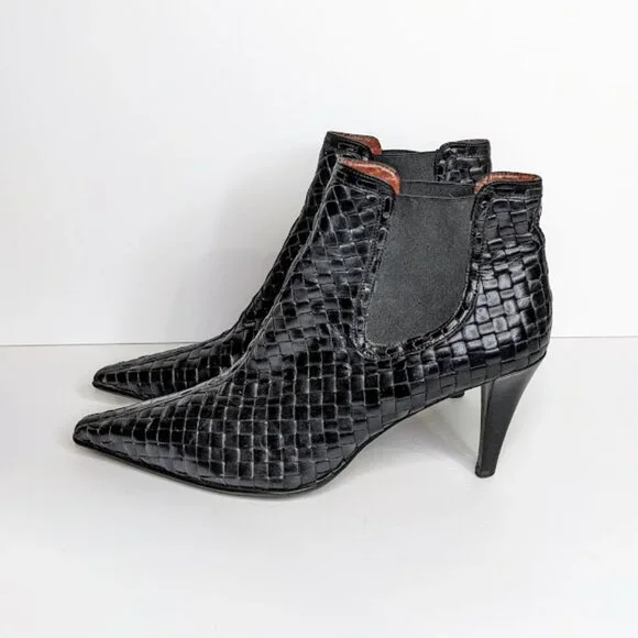 Donald J Pliner Black Leather Ankle Boots Womens 9N Woven Western Heel Bootie