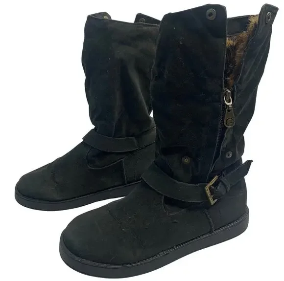 Guess Womens Sz 5.5 Mid Calf Biker Casual Faux Cheetah Fur Lines Boots Zip Up