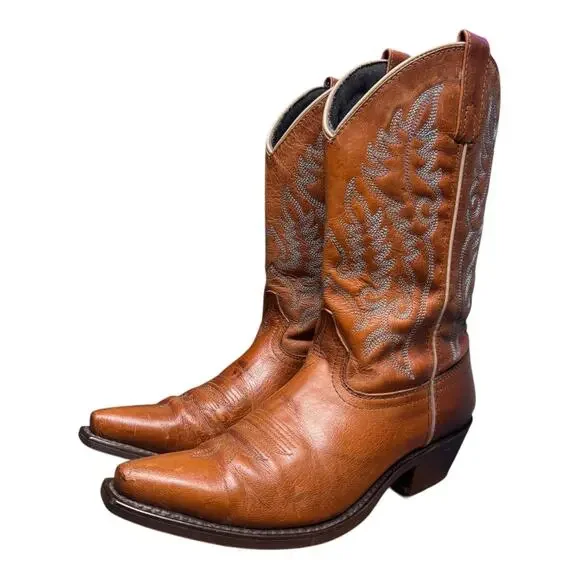 LAREDO Women's 8M Brown Leather Cowboy Pointed ToeBoots Turquoise Stitch Western