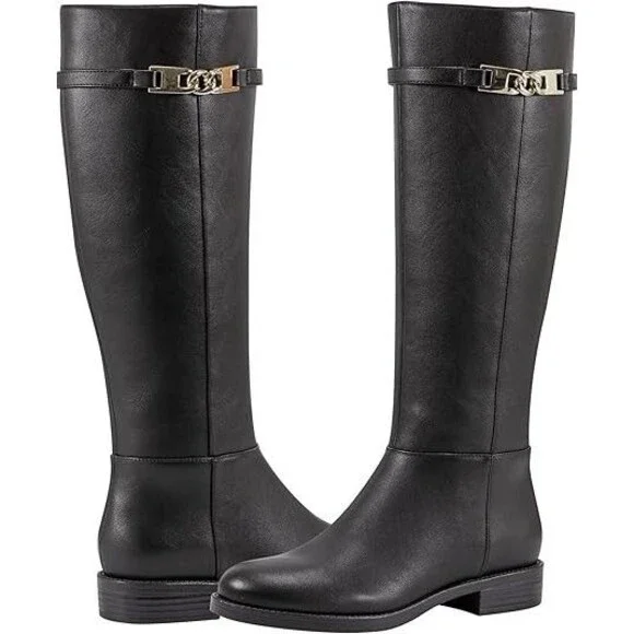 Bandolino Women 7.5 M Black Romi Faux Leather Knee High Riding Boots New W/O Box