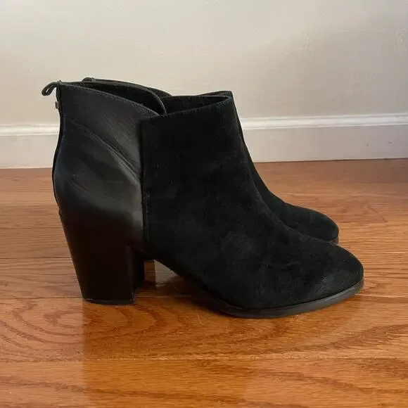 Lands' End Womens 10 Suede Booties Black Leather Heel 3.25