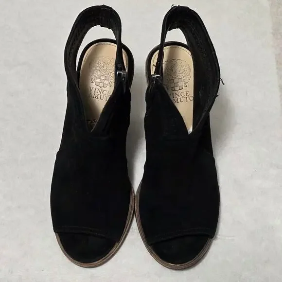 Vince Camuto Koral Black Suede Peep Toe Booties Block Heel Size 7.5