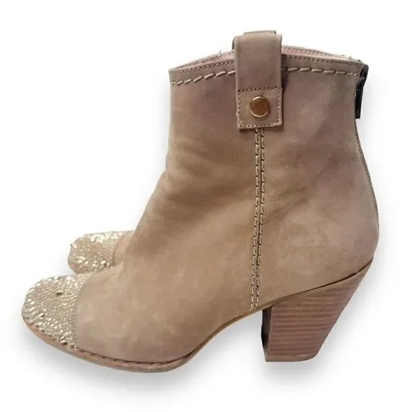 Stuart Weitzman Women’s Gold Studded Cap Toe Zip Taupe Suede Ankle Boots 5.5 M