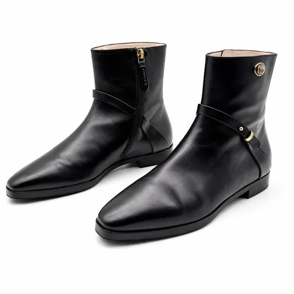 GUCCI Elite GG Ankle Boots Size 38.5 US 8.5 Black Leather Harness Low Heel Calf