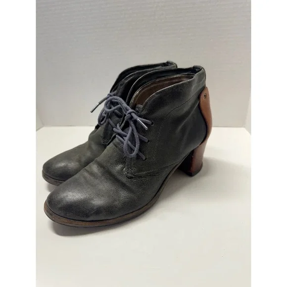 A.S.98 Black Leather Lace Up Ankle Boots Cognac Brown Block Heel 8