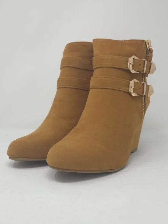 Tan Faux Suede Wedge Ankle Boots Buckle Strap Side Zip Casual Trendy