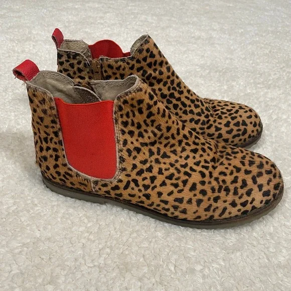 Boden Leopard Print Calf‎ Hair Chelsea Boots Red Elastic Zip Up EU 38 US 7