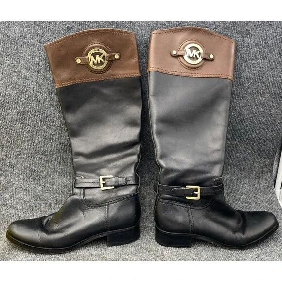 Michael Kors Two-Tone Leather Riding Boots Black Brown Gold MK Logo Size 8.5M