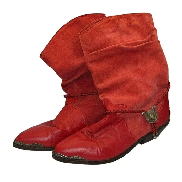 ZODIAC Vintage 80s Lauper Red Leather Slouchy Cowboy Boots Womens 6.5 Charm‎
