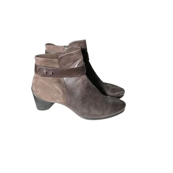 ECCO Womens Brown Leather Suede Ankle Boots Side Zip Block Heel 39 US 8-8.5