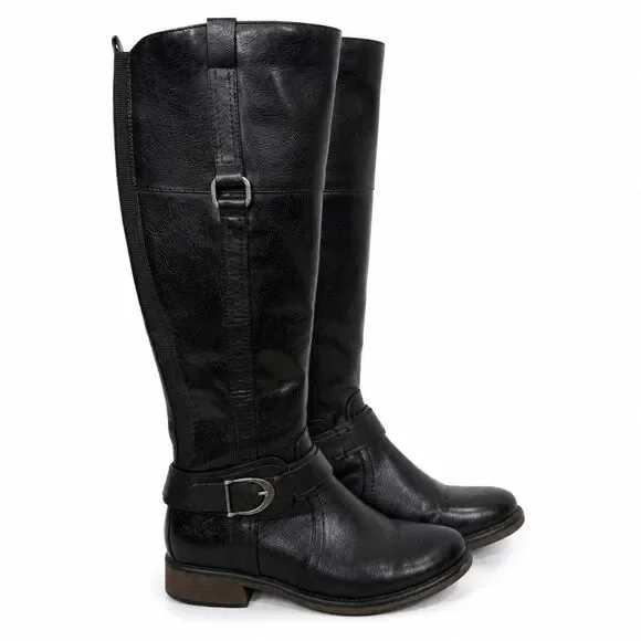 BareTraps Tall Riding Boots Womens 7 Black Faux Leather Buckle Wide Calf Comfort