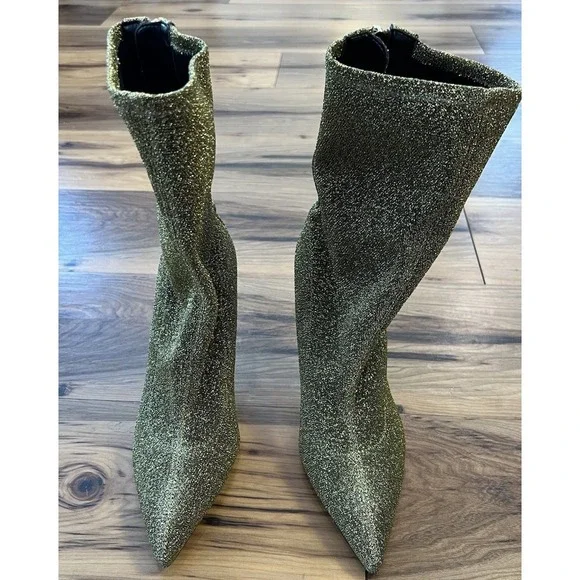 Marc Fisher Green Gold Sparkle Sock Boots Pointed Toe 3 In Heel Size 7.5