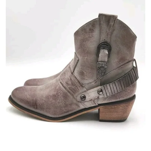 Vintage 93 Bentley B Ankle‎ Boots Buckle Jeans 7M Womens Taupe Side Zip NWT