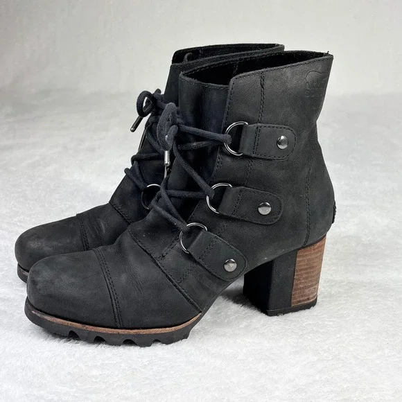 Sorel‎ Addington Lace Black Leather Ankle Boots NL2360-010 Womens 8 Waterproof