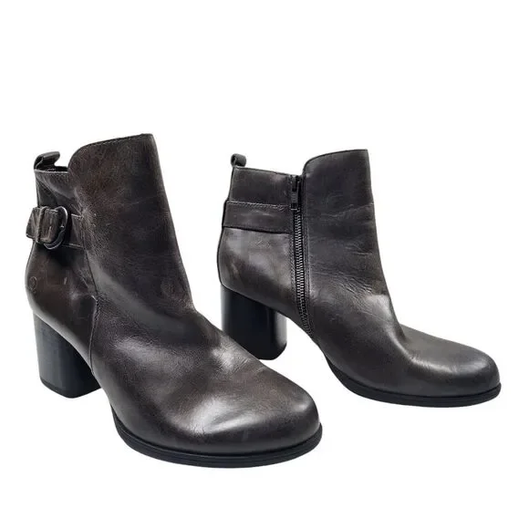BORN Womens 9 Leather Heeled Ankle Boots Zip Up NWT Buckle Detail Block Heel New