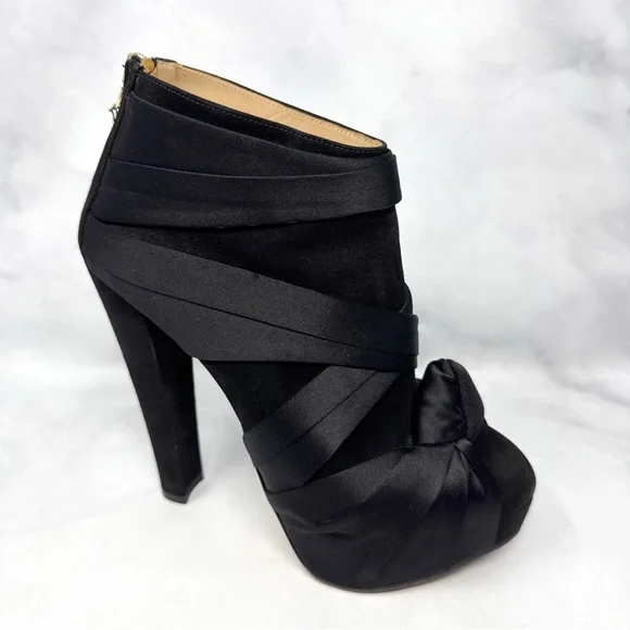 Charlotte Olympia Satin Wrap Turban Knot Suede Platform Block Heel Ankle Boot 37