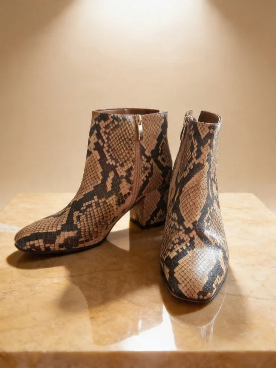 Franco Sarto Snake-Print Ankle Boots in Tan and Black