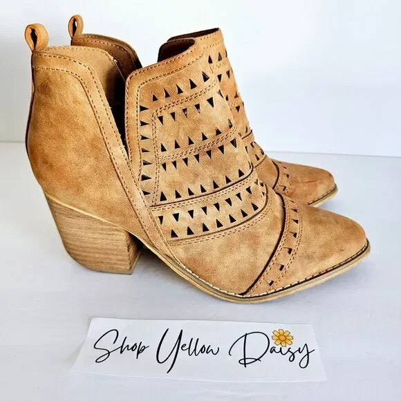 Mi.iM Womens Sz 9 Suede Leather Cut-Out Camel Pull On Ankle Boots - Sh347.2‎