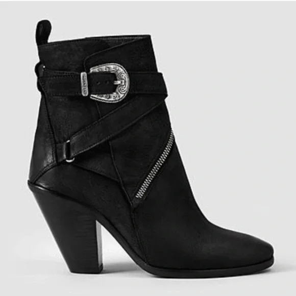 AllSaints TEJUS Ladies Black Leather Buckle Western Ankle