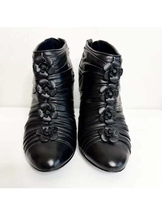 CHANEL Black Ankle Booties Cap Toe Size 37.5 Camellia Flower