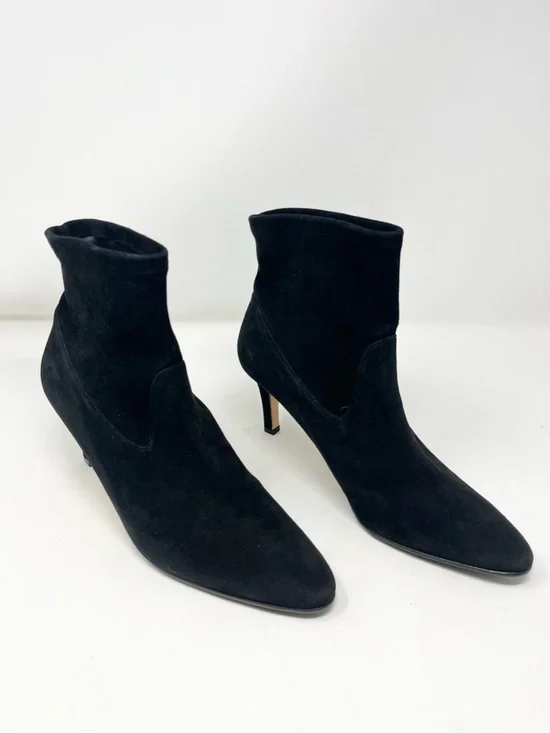 Manolo Blahnik Suede Ankle Boot Black Mid heel Almond Toe Size 41 EU Pull On