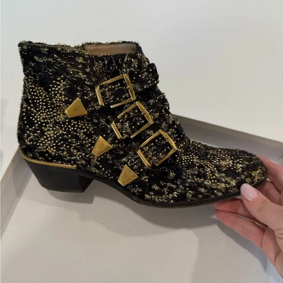 Chloe Susanna Velvet Black and Gold Ankle Boots Sz 39