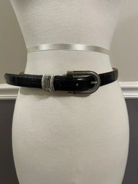 Brighton Black Croc-Embossed Leather Belt with Engraved Silver Buckle