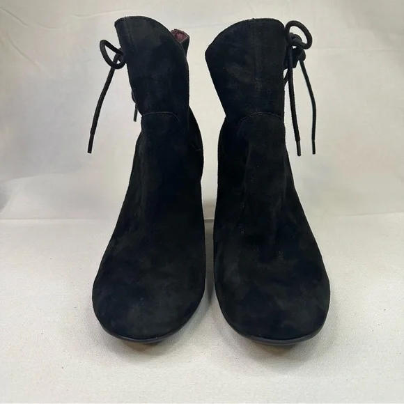 Black Suede Ankle Boots Block Heel Lace Back Zip Booties Size 7.5M Leather Upper