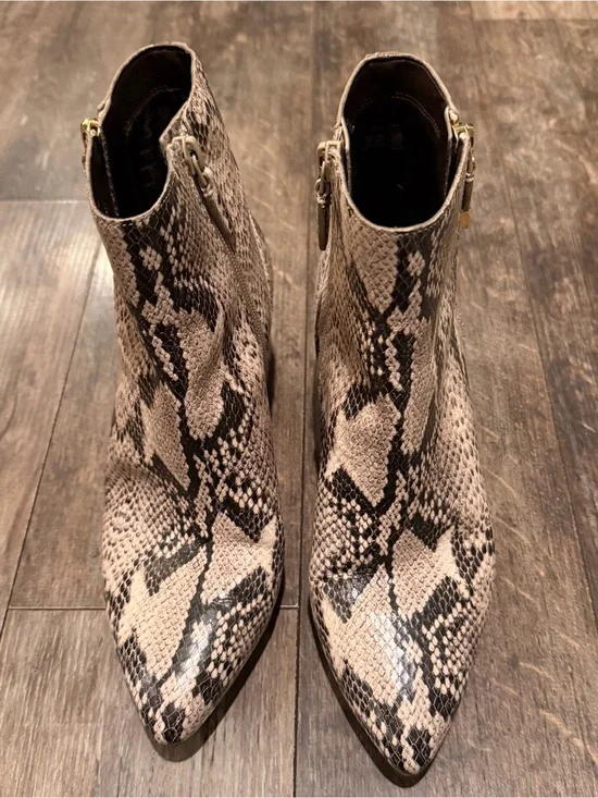 Cole Haan Snake-Print Pointed Ankle Booties in Taupe and Black