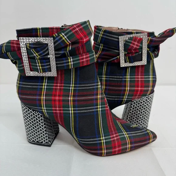 Betsey Johnson 7M Millburn Plaid Booties Ankle Boots Buckle Rhinestones