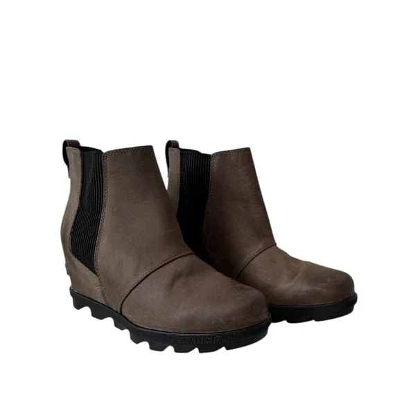 Sorel Joan of‎ Atric Wedge II Ankle Boots Waterproof Leather Brown Gray 9