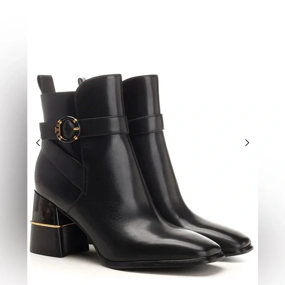 Tory Burch Black Leather Ankle Boots with Logo Buckle and gold accent EUC size 9