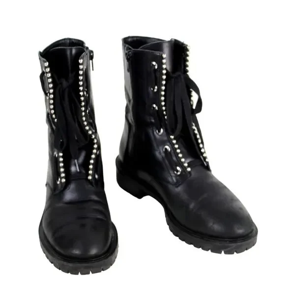 Zara BLACK GENUINE LEATHER ZIP SIDE LACE UP LOW HEEL ROUND TOE ANKLE BOOTS Sz 37