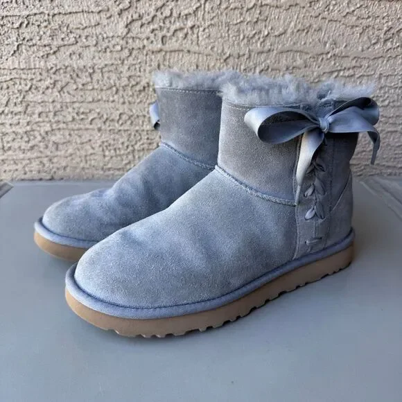 UGG Lace Mini Boots Womens 8 Gray Suede Corset Bow Classic Shearling Pull On