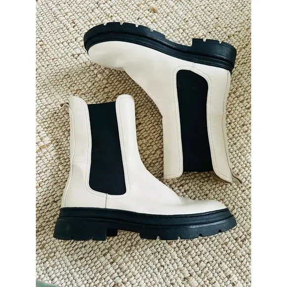 Tamaris Womens Midi Boot Cream Black Lug Sole Size EU41 Leather Chelsea boot