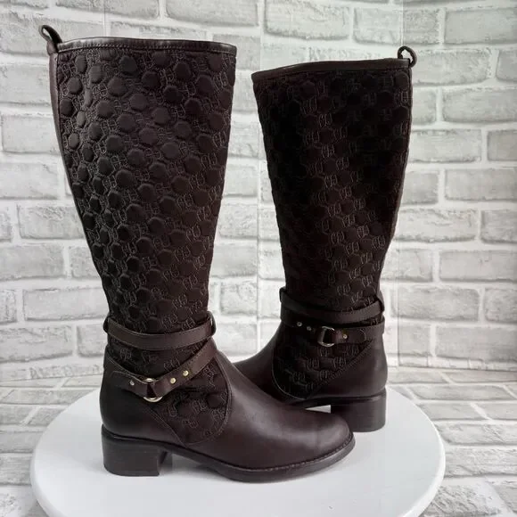 ETIENNE AIGNER E-Cailyn Monogram Quilted Brown Leather Riding Boots Size 6. 5