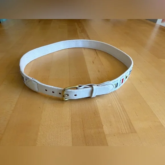 Leather Man Ltd Nautical Flag Belt Leather Handmade in CT Size 30 White