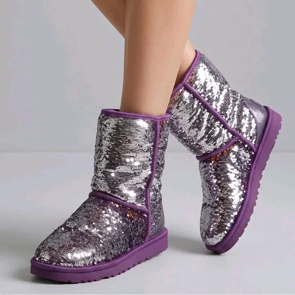 Ugg 1002978 Australia Womens 9 US Classic Short Sequin Boots Purple Silver RARE