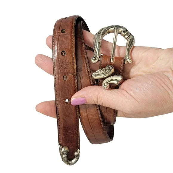 Brown Mock‎ Croc Leather Western Belt Silver Ornate 3pc Buckle Set USA M