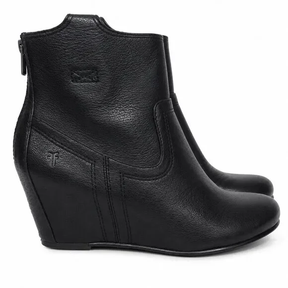 Frye Carson Hidden Wedge Booties Women 6.5 Black Leather Ankle Boots Boho